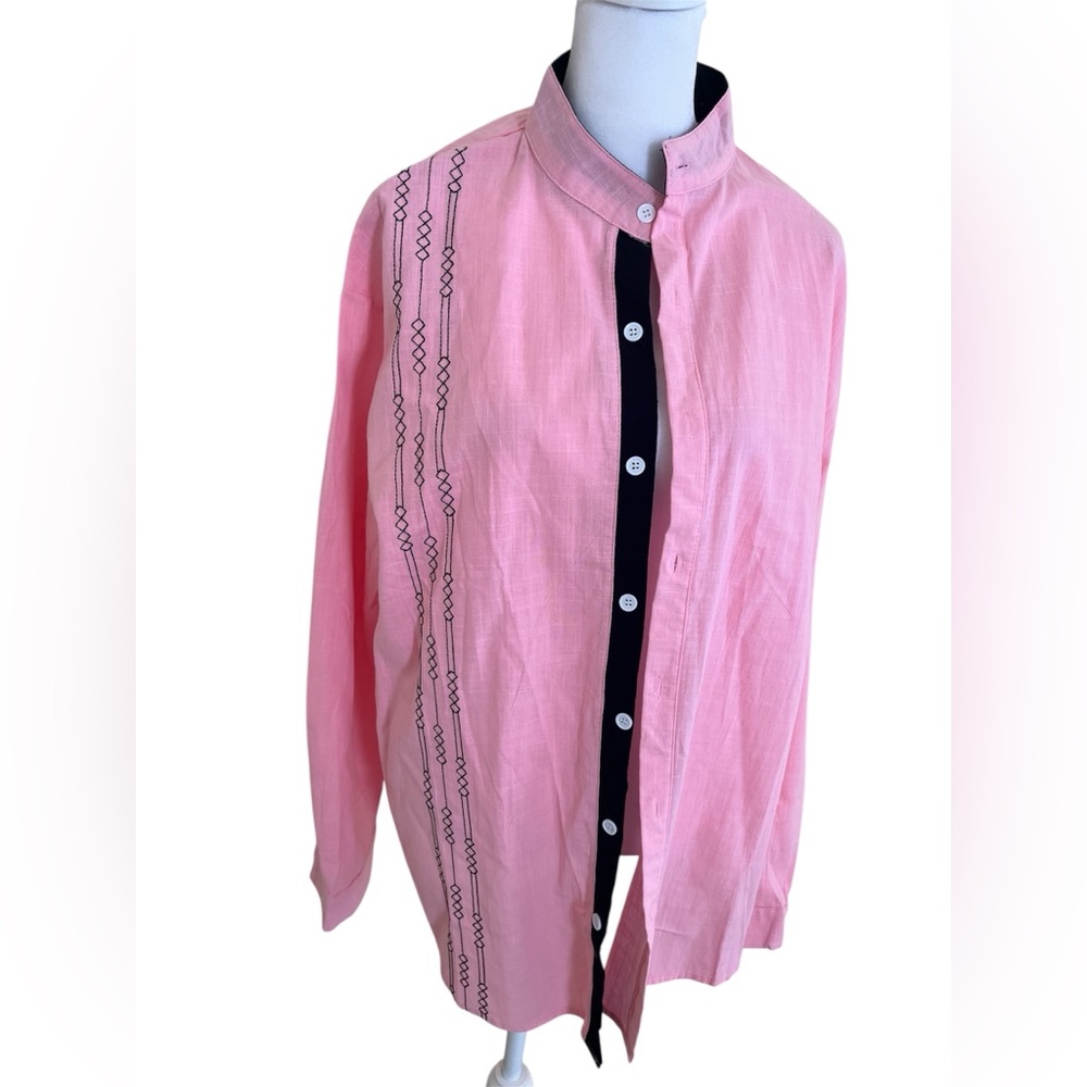 Pink Button-Up Shirt with Black Trim